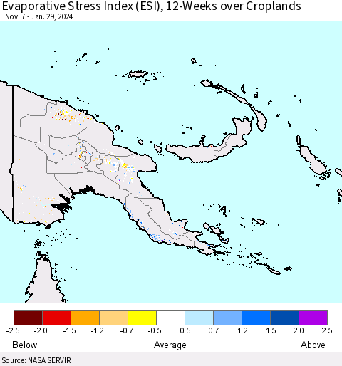 Papua New Guinea Evaporative Stress Index (ESI), 12-Weeks over Croplands Thematic Map For 1/29/2024 - 2/4/2024
