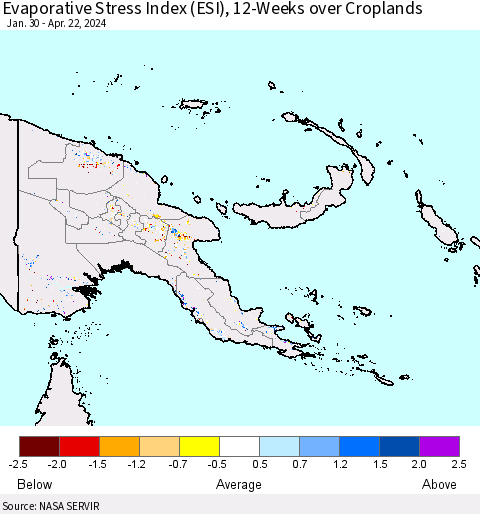 Papua New Guinea Evaporative Stress Index (ESI), 12-Weeks over Croplands Thematic Map For 4/22/2024 - 4/28/2024