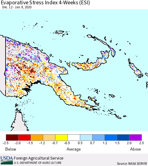 Papua New Guinea Evaporative Stress Index (ESI), 4-Weeks Thematic Map For 1/6/2020 - 1/12/2020