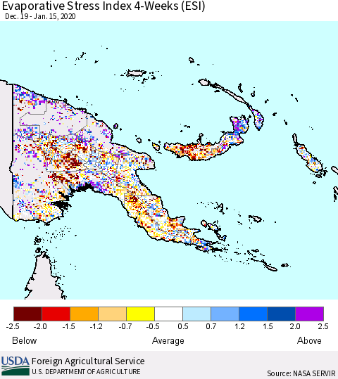 Papua New Guinea Evaporative Stress Index (ESI), 4-Weeks Thematic Map For 1/13/2020 - 1/19/2020