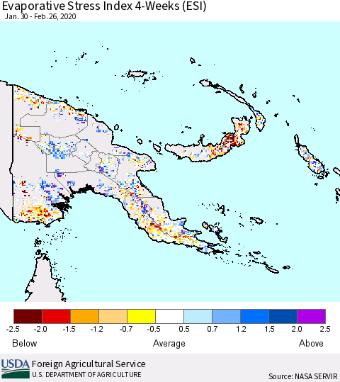 Papua New Guinea Evaporative Stress Index (ESI), 4-Weeks Thematic Map For 2/24/2020 - 3/1/2020