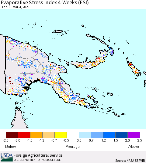 Papua New Guinea Evaporative Stress Index (ESI), 4-Weeks Thematic Map For 3/2/2020 - 3/8/2020