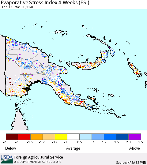 Papua New Guinea Evaporative Stress Index (ESI), 4-Weeks Thematic Map For 3/9/2020 - 3/15/2020