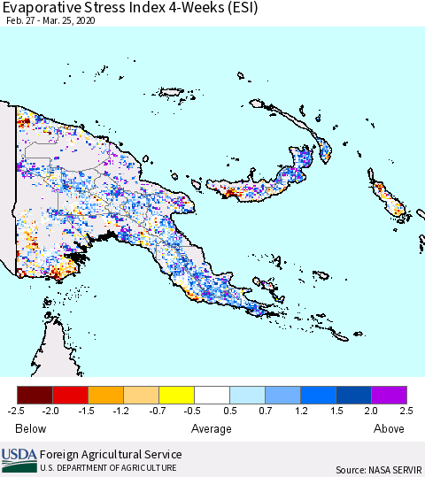 Papua New Guinea Evaporative Stress Index (ESI), 4-Weeks Thematic Map For 3/23/2020 - 3/29/2020