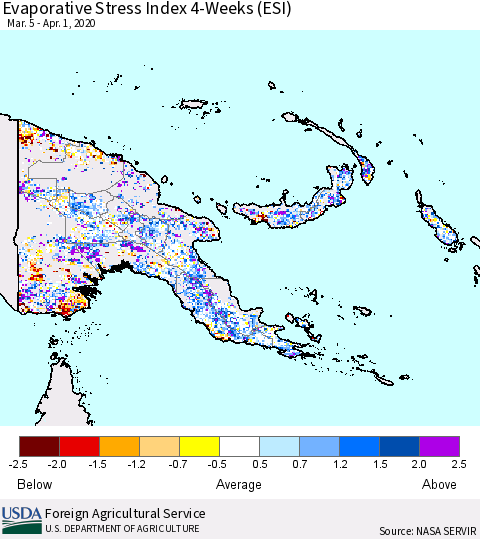 Papua New Guinea Evaporative Stress Index (ESI), 4-Weeks Thematic Map For 3/30/2020 - 4/5/2020