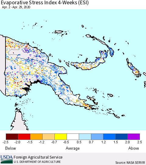 Papua New Guinea Evaporative Stress Index (ESI), 4-Weeks Thematic Map For 4/27/2020 - 5/3/2020