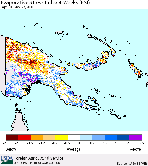 Papua New Guinea Evaporative Stress Index (ESI), 4-Weeks Thematic Map For 5/25/2020 - 5/31/2020