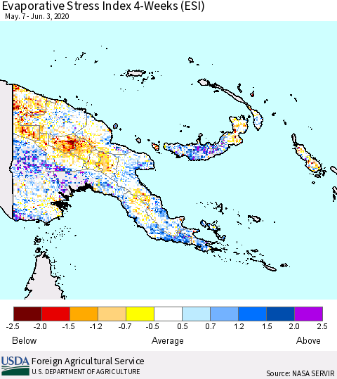 Papua New Guinea Evaporative Stress Index (ESI), 4-Weeks Thematic Map For 6/1/2020 - 6/7/2020