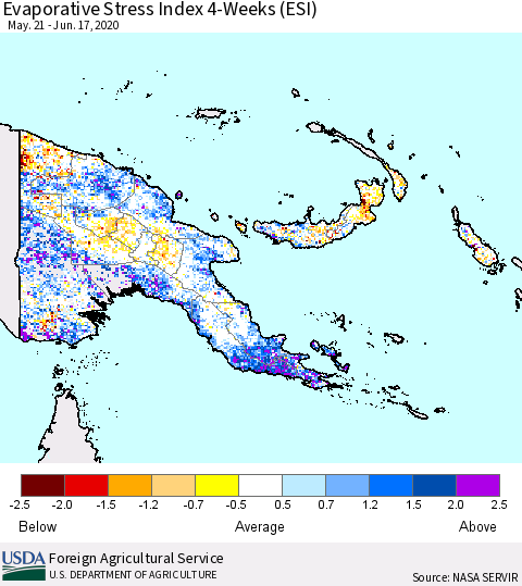 Papua New Guinea Evaporative Stress Index (ESI), 4-Weeks Thematic Map For 6/15/2020 - 6/21/2020