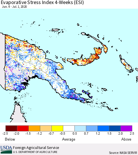 Papua New Guinea Evaporative Stress Index (ESI), 4-Weeks Thematic Map For 6/29/2020 - 7/5/2020