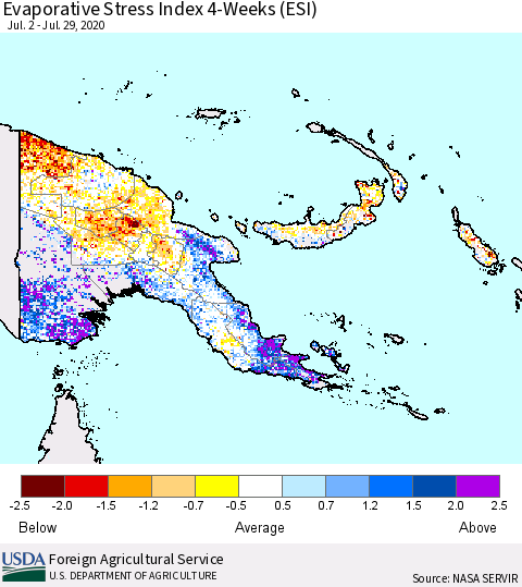 Papua New Guinea Evaporative Stress Index (ESI), 4-Weeks Thematic Map For 7/27/2020 - 8/2/2020
