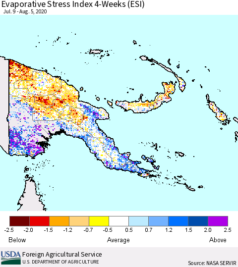 Papua New Guinea Evaporative Stress Index (ESI), 4-Weeks Thematic Map For 8/3/2020 - 8/9/2020