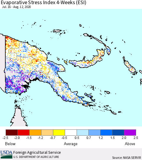 Papua New Guinea Evaporative Stress Index (ESI), 4-Weeks Thematic Map For 8/10/2020 - 8/16/2020