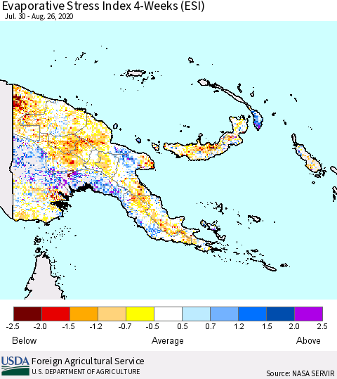 Papua New Guinea Evaporative Stress Index (ESI), 4-Weeks Thematic Map For 8/24/2020 - 8/30/2020