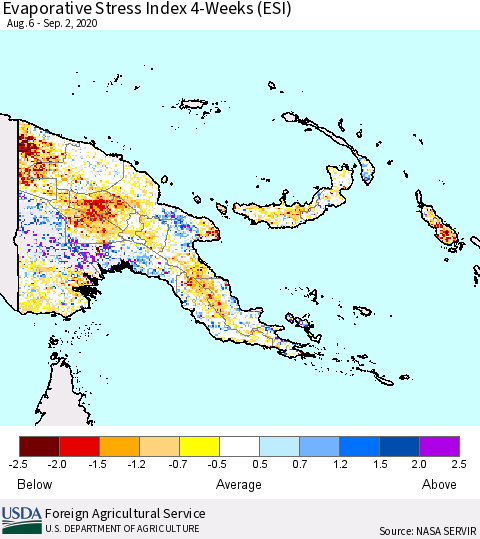 Papua New Guinea Evaporative Stress Index (ESI), 4-Weeks Thematic Map For 8/31/2020 - 9/6/2020