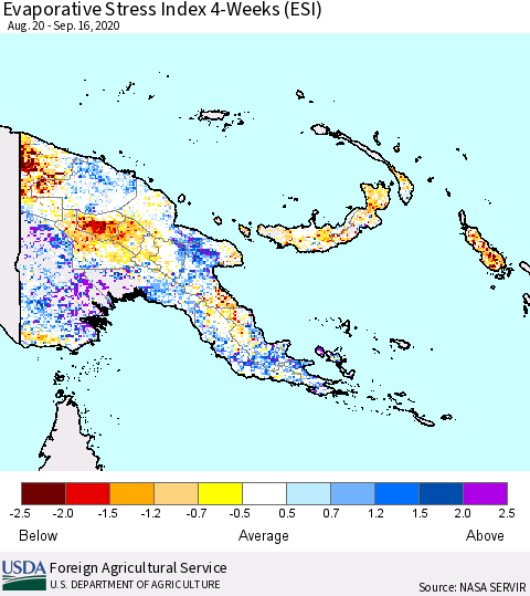 Papua New Guinea Evaporative Stress Index (ESI), 4-Weeks Thematic Map For 9/14/2020 - 9/20/2020