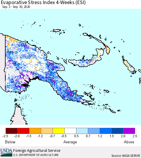 Papua New Guinea Evaporative Stress Index (ESI), 4-Weeks Thematic Map For 9/28/2020 - 10/4/2020