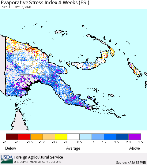 Papua New Guinea Evaporative Stress Index (ESI), 4-Weeks Thematic Map For 10/5/2020 - 10/11/2020