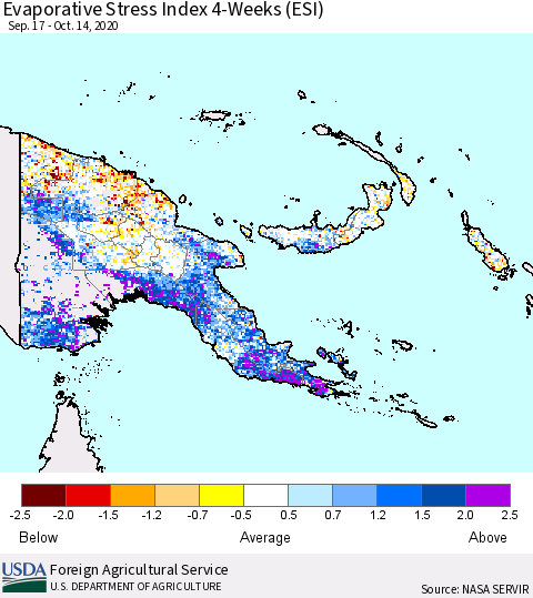 Papua New Guinea Evaporative Stress Index (ESI), 4-Weeks Thematic Map For 10/12/2020 - 10/18/2020