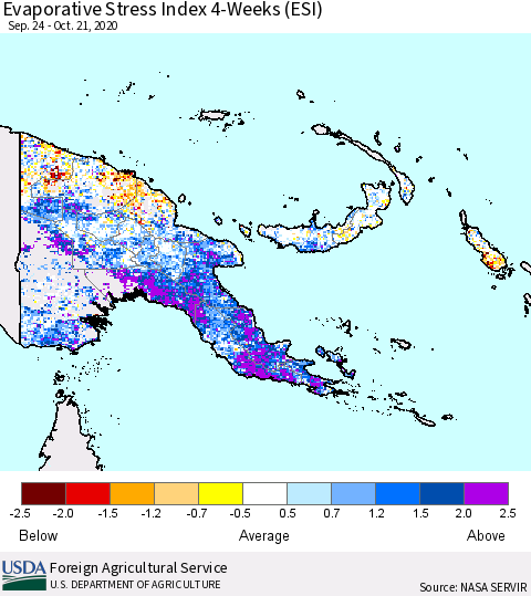 Papua New Guinea Evaporative Stress Index (ESI), 4-Weeks Thematic Map For 10/19/2020 - 10/25/2020