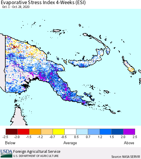 Papua New Guinea Evaporative Stress Index (ESI), 4-Weeks Thematic Map For 10/26/2020 - 11/1/2020