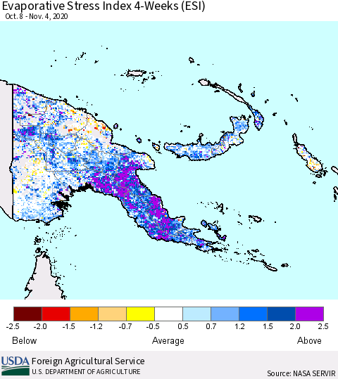Papua New Guinea Evaporative Stress Index (ESI), 4-Weeks Thematic Map For 11/2/2020 - 11/8/2020
