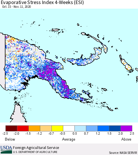 Papua New Guinea Evaporative Stress Index (ESI), 4-Weeks Thematic Map For 11/9/2020 - 11/15/2020