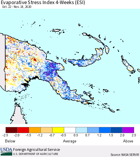 Papua New Guinea Evaporative Stress Index (ESI), 4-Weeks Thematic Map For 11/16/2020 - 11/22/2020