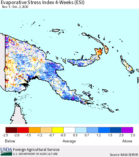 Papua New Guinea Evaporative Stress Index (ESI), 4-Weeks Thematic Map For 11/30/2020 - 12/6/2020