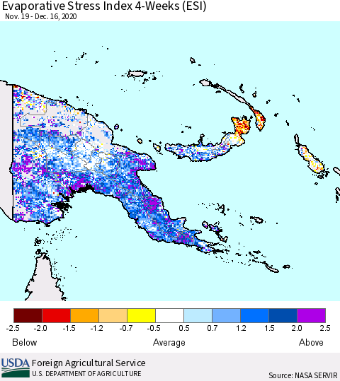 Papua New Guinea Evaporative Stress Index (ESI), 4-Weeks Thematic Map For 12/14/2020 - 12/20/2020