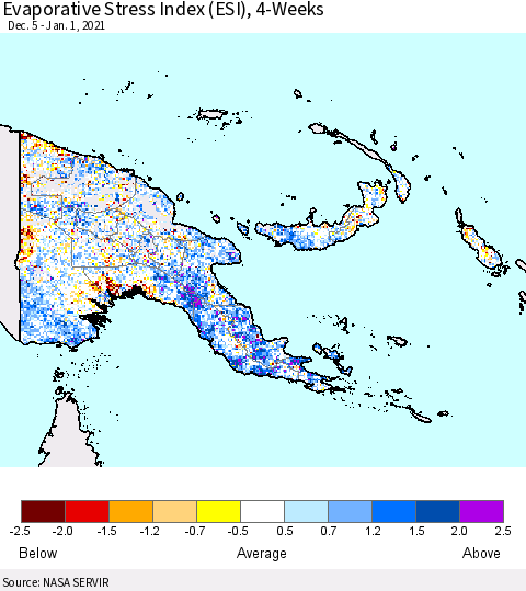 Papua New Guinea Evaporative Stress Index (ESI), 4-Weeks Thematic Map For 12/28/2020 - 1/3/2021