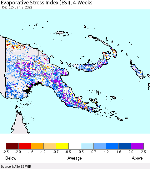 Papua New Guinea Evaporative Stress Index (ESI), 4-Weeks Thematic Map For 1/3/2022 - 1/9/2022