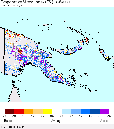 Papua New Guinea Evaporative Stress Index (ESI), 4-Weeks Thematic Map For 1/17/2022 - 1/23/2022