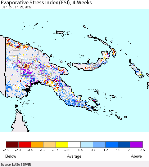 Papua New Guinea Evaporative Stress Index (ESI), 4-Weeks Thematic Map For 1/24/2022 - 1/30/2022