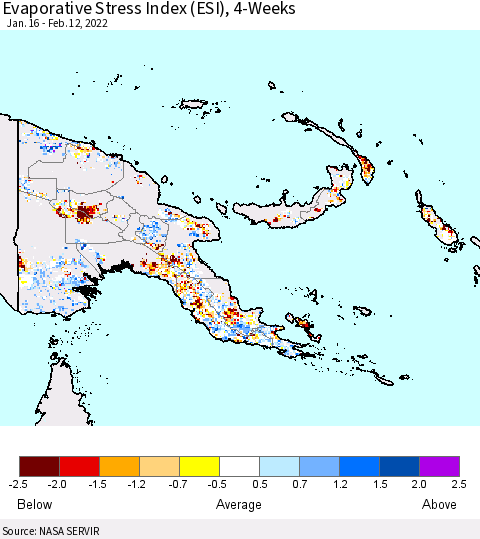 Papua New Guinea Evaporative Stress Index (ESI), 4-Weeks Thematic Map For 2/7/2022 - 2/13/2022