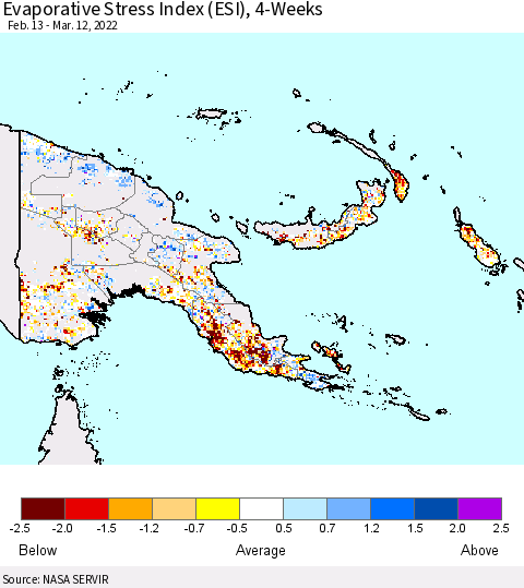Papua New Guinea Evaporative Stress Index (ESI), 4-Weeks Thematic Map For 3/7/2022 - 3/13/2022