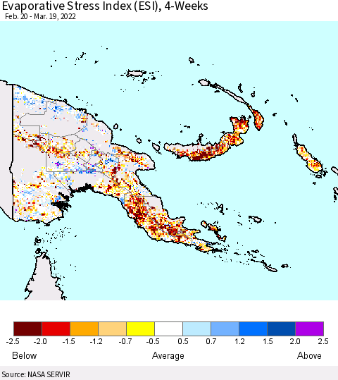 Papua New Guinea Evaporative Stress Index (ESI), 4-Weeks Thematic Map For 3/14/2022 - 3/20/2022