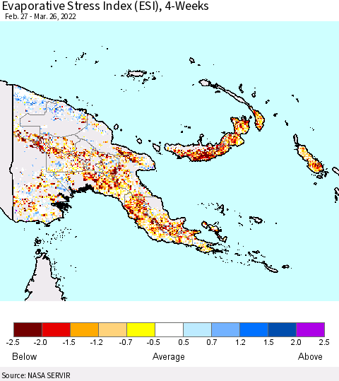 Papua New Guinea Evaporative Stress Index (ESI), 4-Weeks Thematic Map For 3/21/2022 - 3/27/2022