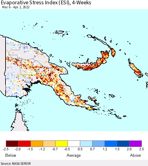 Papua New Guinea Evaporative Stress Index (ESI), 4-Weeks Thematic Map For 3/28/2022 - 4/3/2022
