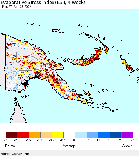 Papua New Guinea Evaporative Stress Index (ESI), 4-Weeks Thematic Map For 4/18/2022 - 4/24/2022