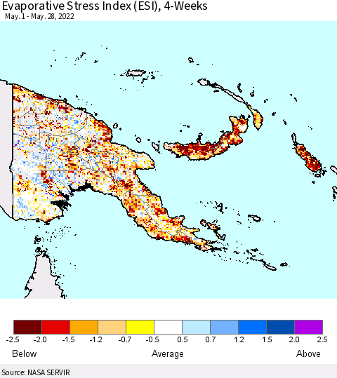 Papua New Guinea Evaporative Stress Index (ESI), 4-Weeks Thematic Map For 5/23/2022 - 5/29/2022