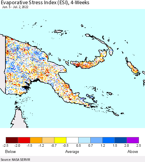 Papua New Guinea Evaporative Stress Index (ESI), 4-Weeks Thematic Map For 6/27/2022 - 7/3/2022