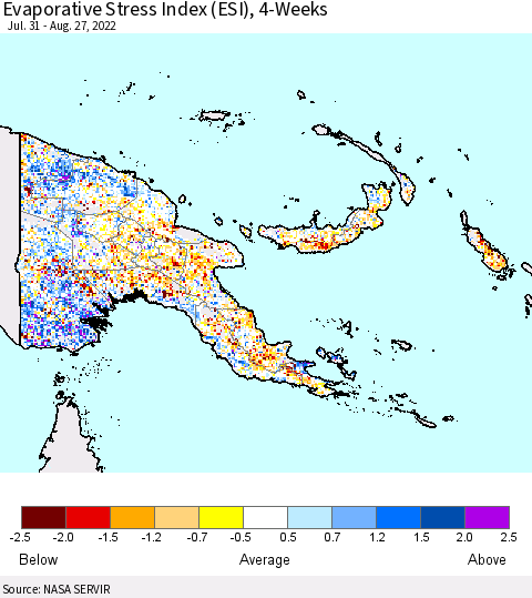 Papua New Guinea Evaporative Stress Index (ESI), 4-Weeks Thematic Map For 8/22/2022 - 8/28/2022