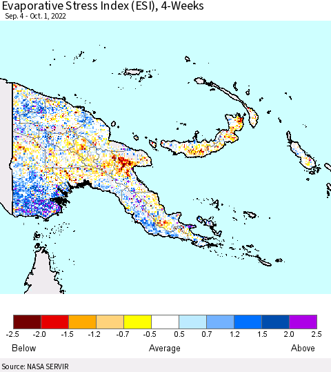 Papua New Guinea Evaporative Stress Index (ESI), 4-Weeks Thematic Map For 9/26/2022 - 10/2/2022