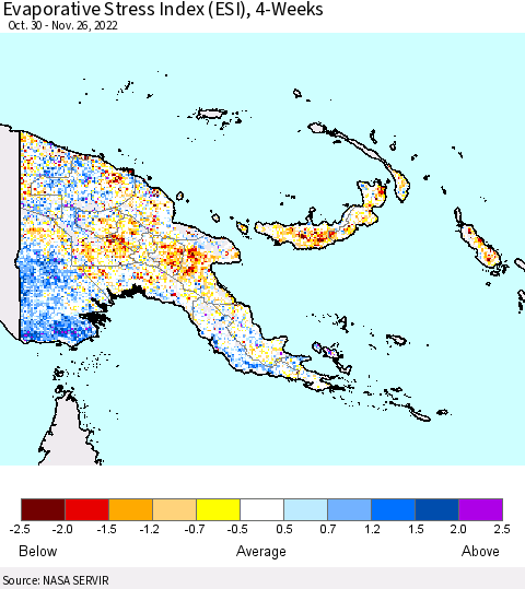 Papua New Guinea Evaporative Stress Index (ESI), 4-Weeks Thematic Map For 11/21/2022 - 11/27/2022