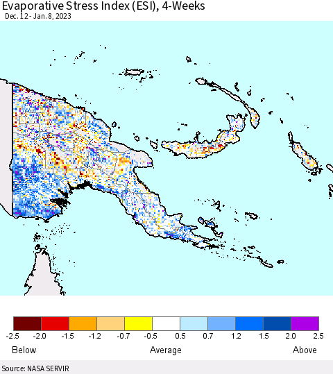 Papua New Guinea Evaporative Stress Index (ESI), 4-Weeks Thematic Map For 1/2/2023 - 1/8/2023