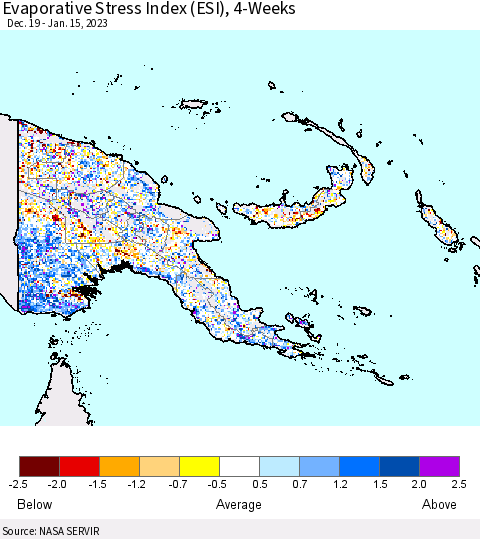 Papua New Guinea Evaporative Stress Index (ESI), 4-Weeks Thematic Map For 1/9/2023 - 1/15/2023