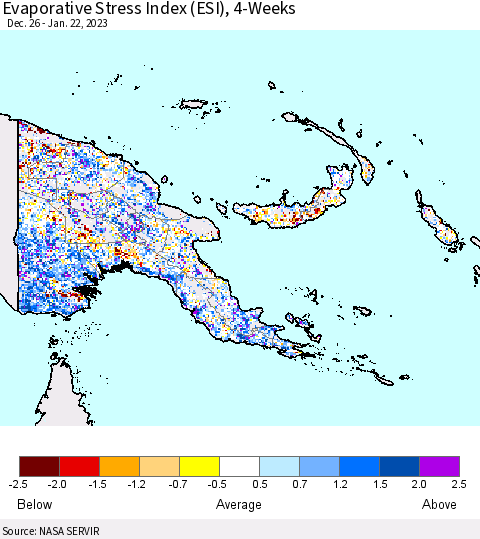 Papua New Guinea Evaporative Stress Index (ESI), 4-Weeks Thematic Map For 1/16/2023 - 1/22/2023