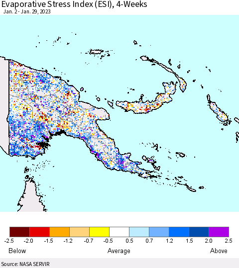 Papua New Guinea Evaporative Stress Index (ESI), 4-Weeks Thematic Map For 1/23/2023 - 1/29/2023