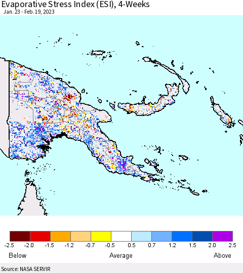 Papua New Guinea Evaporative Stress Index (ESI), 4-Weeks Thematic Map For 2/13/2023 - 2/19/2023